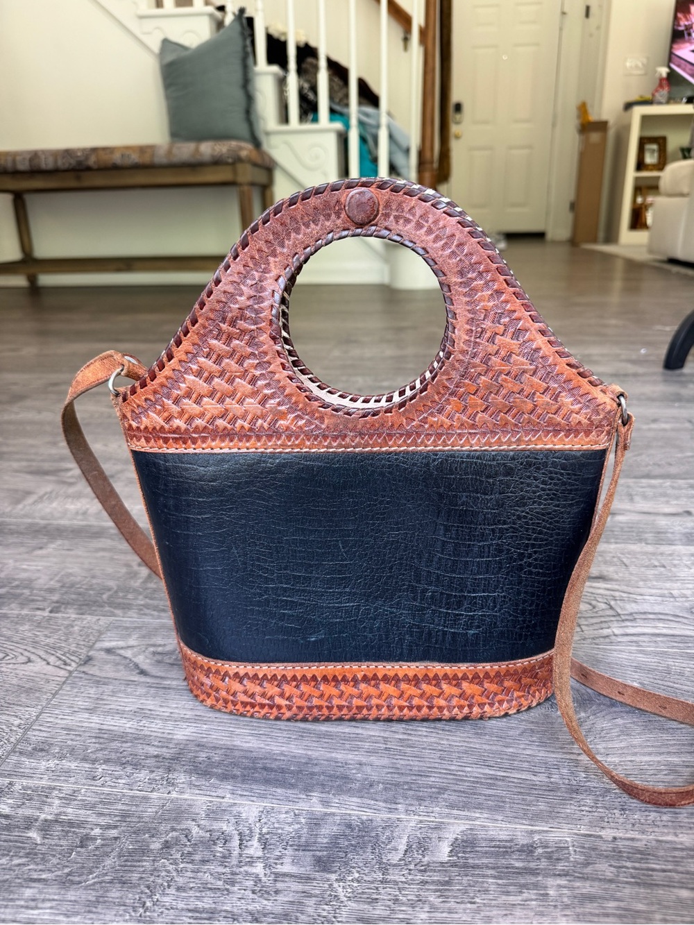 Women’s Vintage Black and Brown Croc Leather Crossbody Handbag